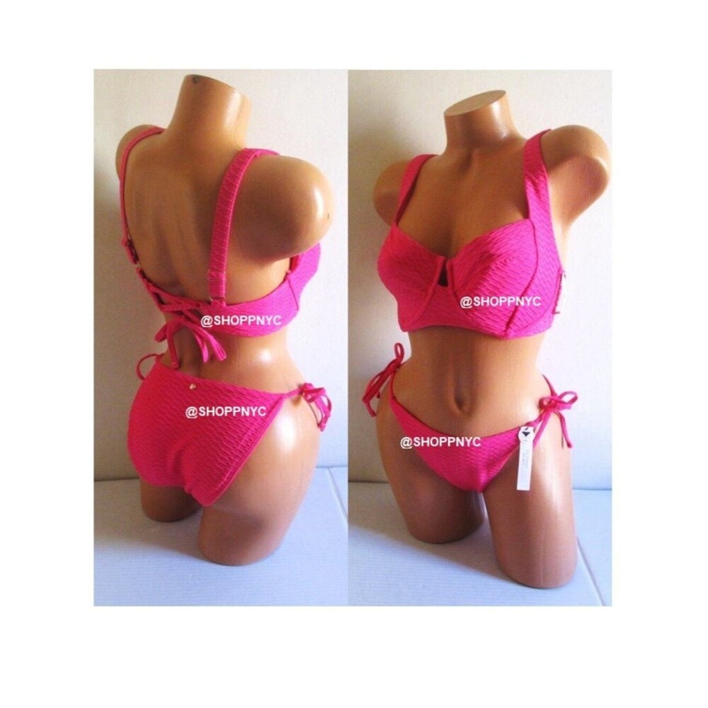 38D/XL VICTORIA SECRET Lace-Up Back Strappy Top Bikini Side Tie Cheeky Hot Pink